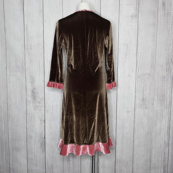 J. Peterman Brown Velvet Babydoll Dress Pink Ruffle Trim, sz 8 - Picture 4 of 5